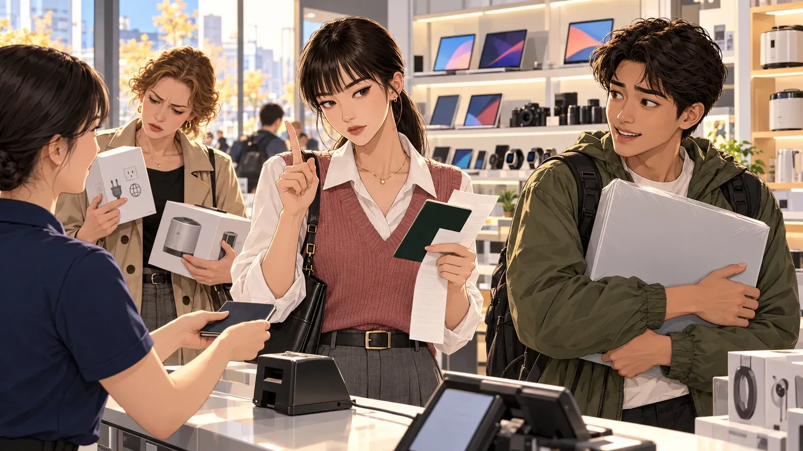 At an electronics store counter, Yuna checks a passport and refund receipt with a warning finger raised as a traveler hugs a sealed laptop box and another studies an appliance box