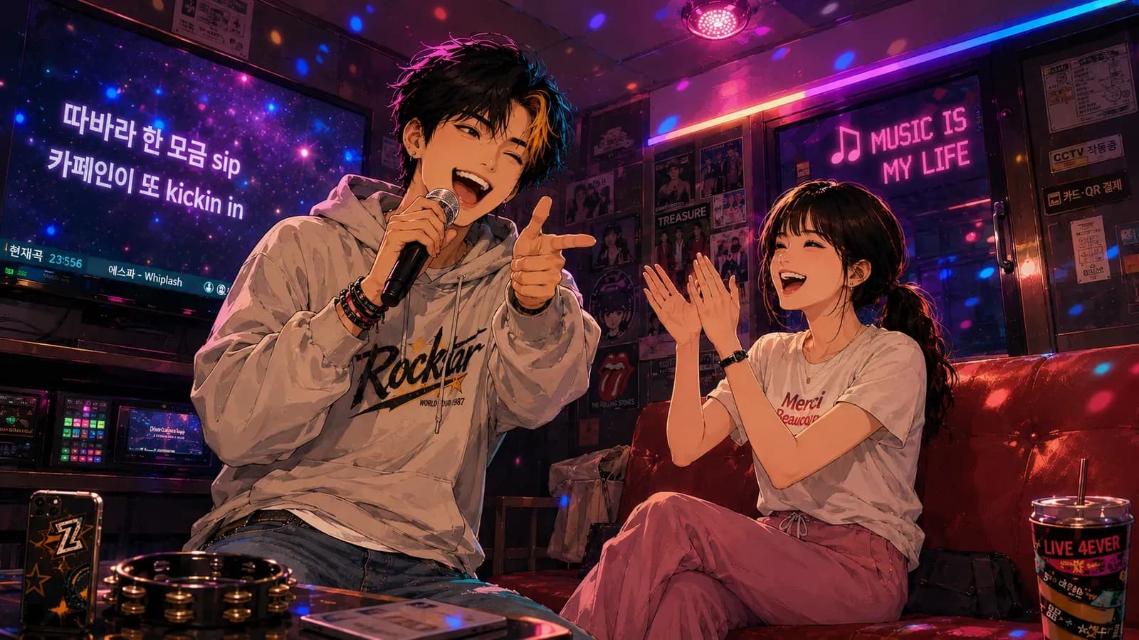 Two friends sing together in a brightly lit coin karaoke booth