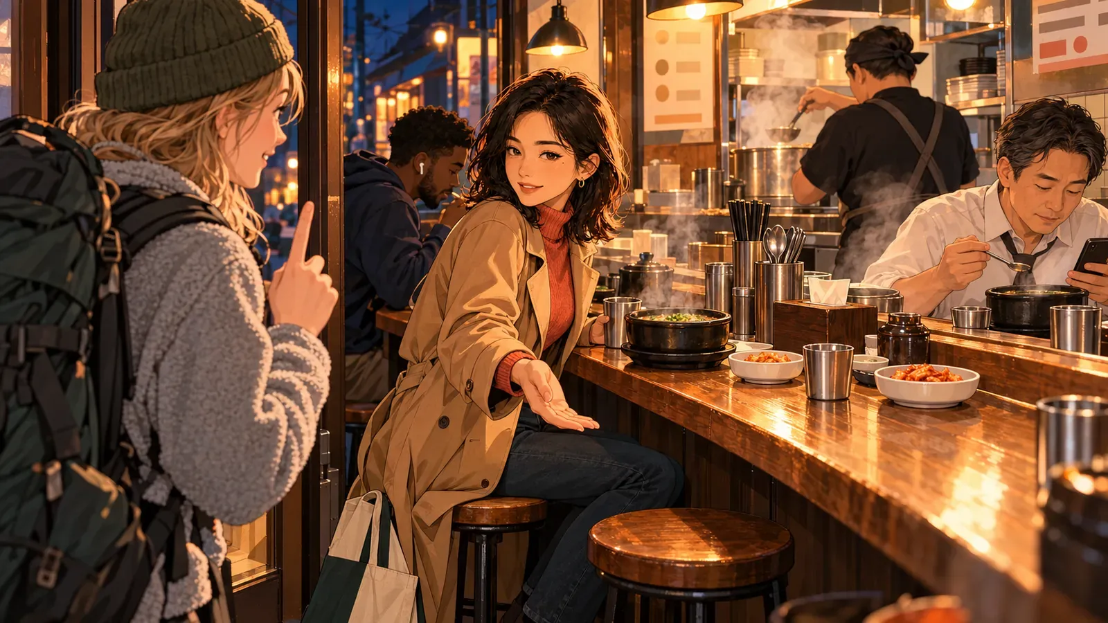 Mina, on a stool at a gukbap counter, waves a solo traveler at the door toward the empty seat beside her while other diners eat alone from steaming stone bowls