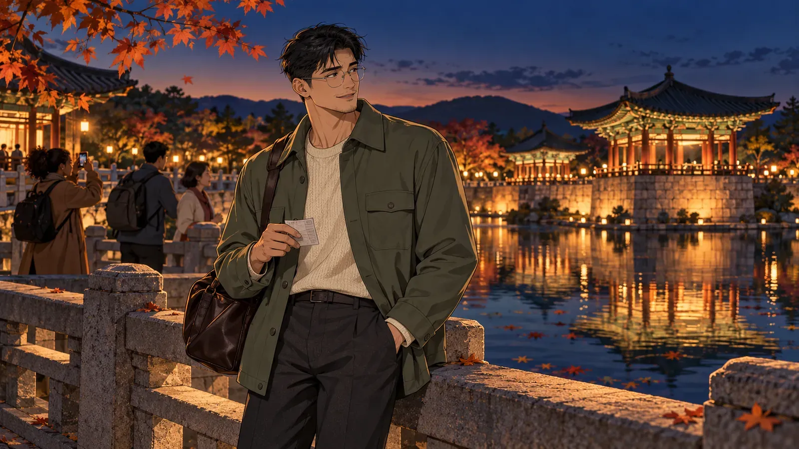 A man in a sage-green jacket holding a train ticket leans on a stone railing at dusk, with lantern-lit pavilions reflected in a pond and autumn leaves around him