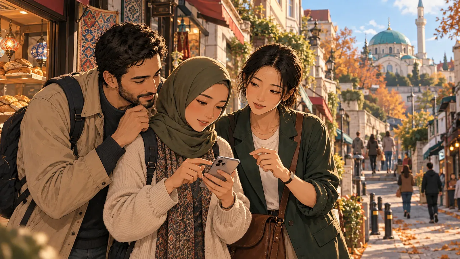Soo and two travelers, one in an olive hijab, lean over a phone together on an autumn hillside street, with a bakery window nearby and a mosque dome in the distance