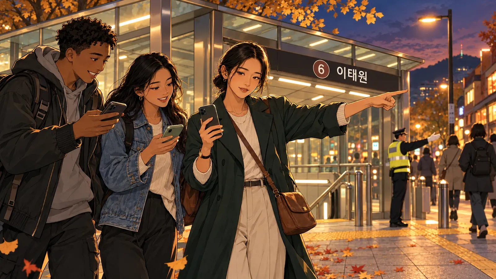 Soo points the way for two travelers checking phone maps outside Itaewon Station at dusk, with a safety officer in a yellow vest and autumn leaves nearby
