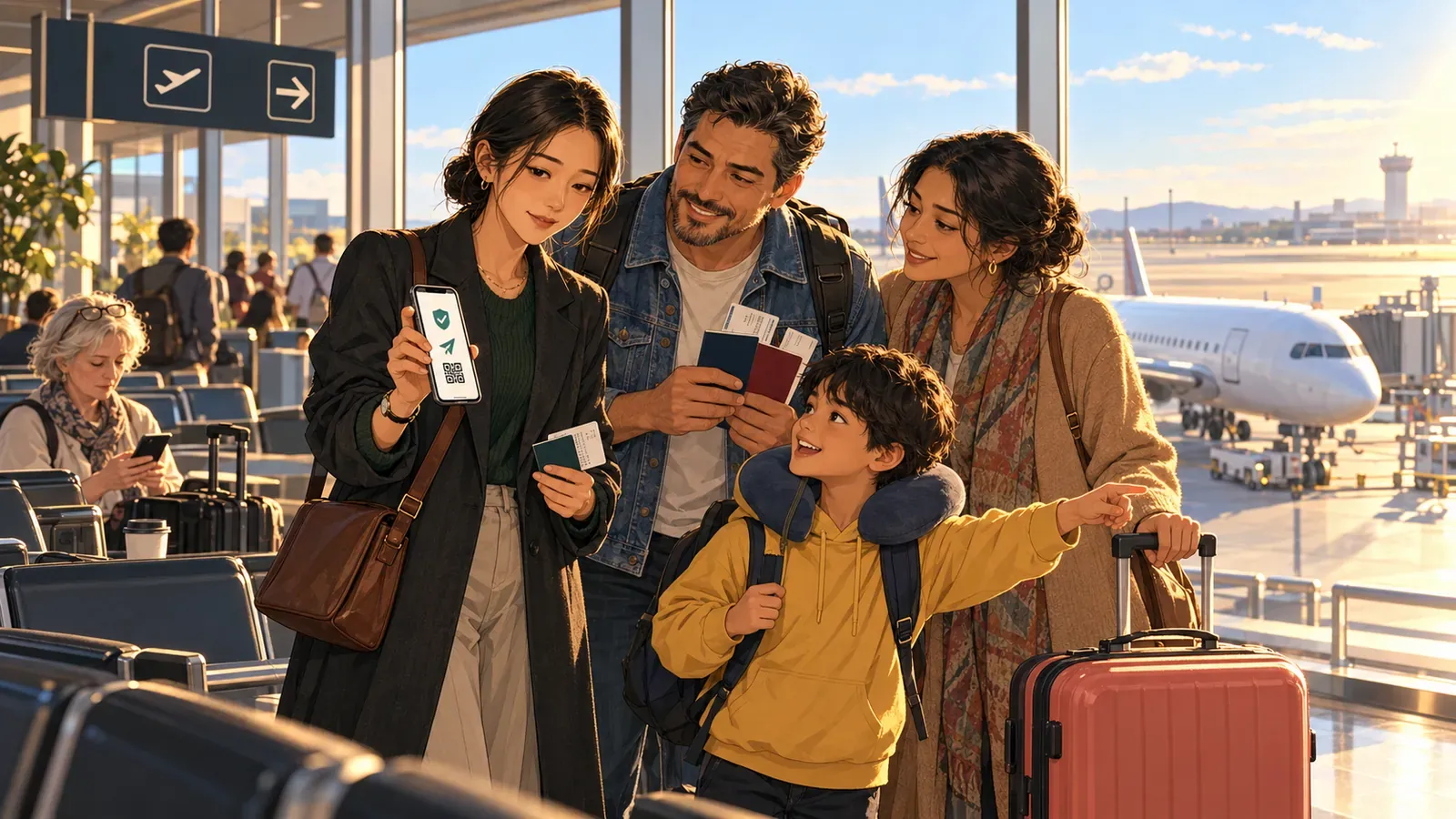 At an airport gate, Soo shows a traveling family a phone checklist with three icons while the father holds their passports and the child points at the plane outside
