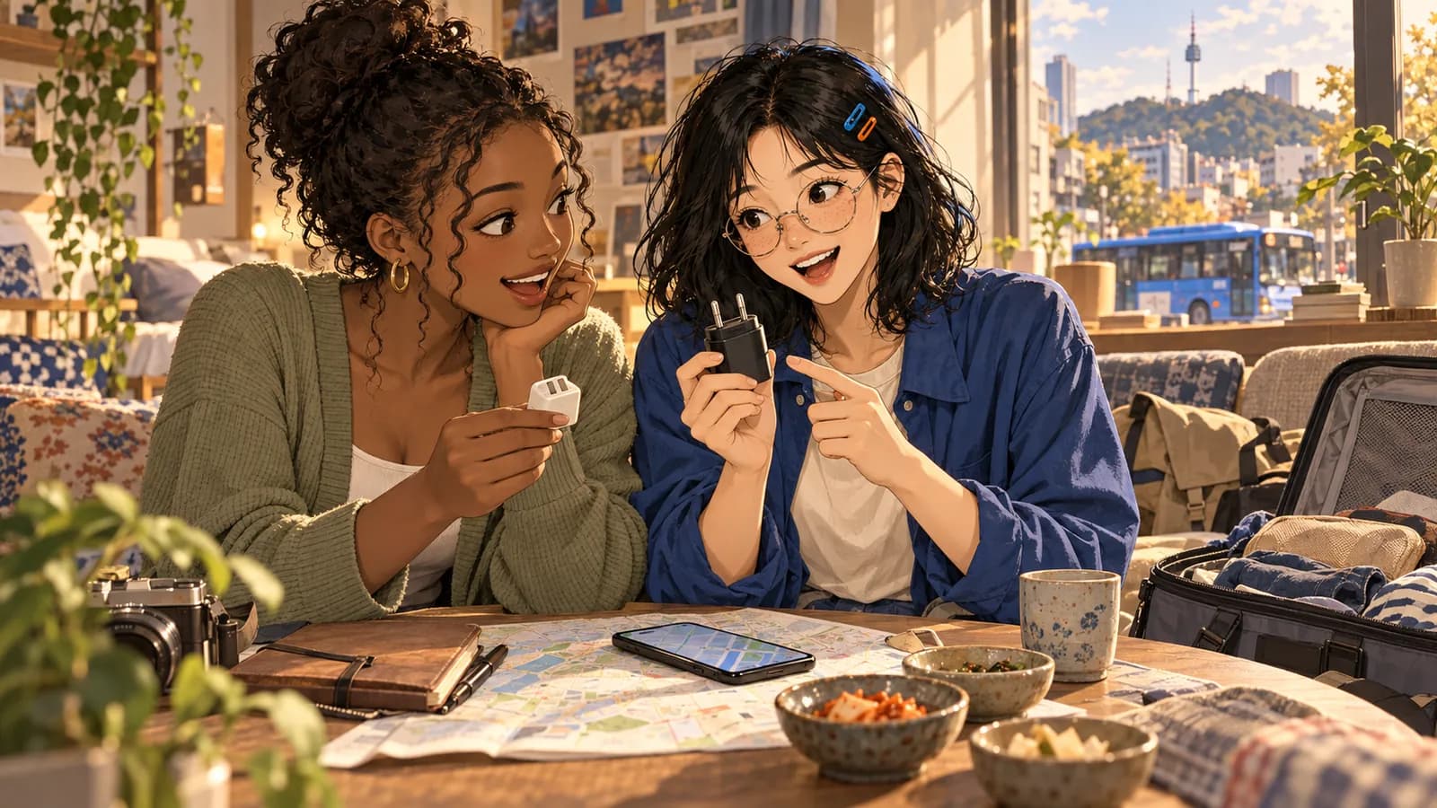 Rae shows a round-pin power adapter to a traveler at a guesthouse table with a map, phone, and side dishes, with a blue bus outside the window.