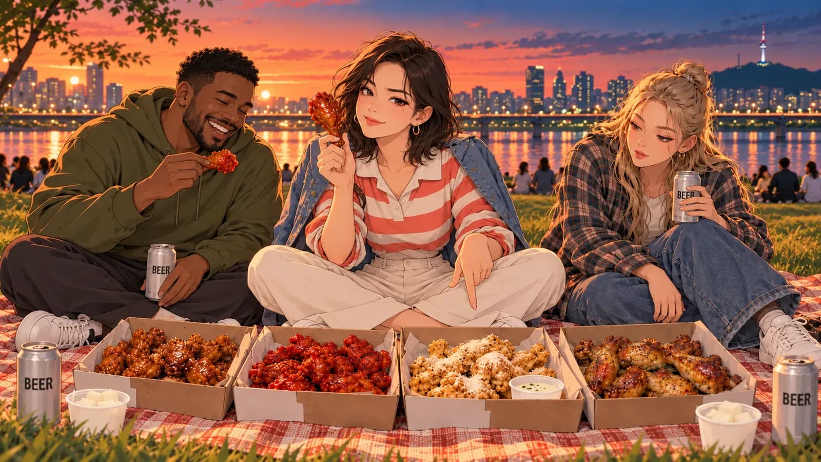 Mina holds up a glazed drumstick at a Han River picnic at sunset, with four boxes of different fried chicken and two friends