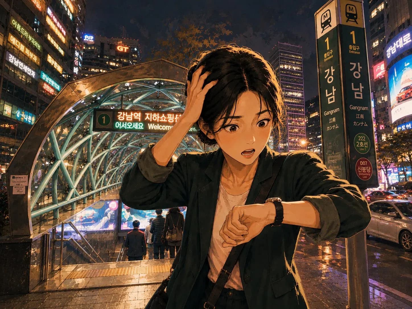 A traveler checks her phone by a Seoul subway entrance at night