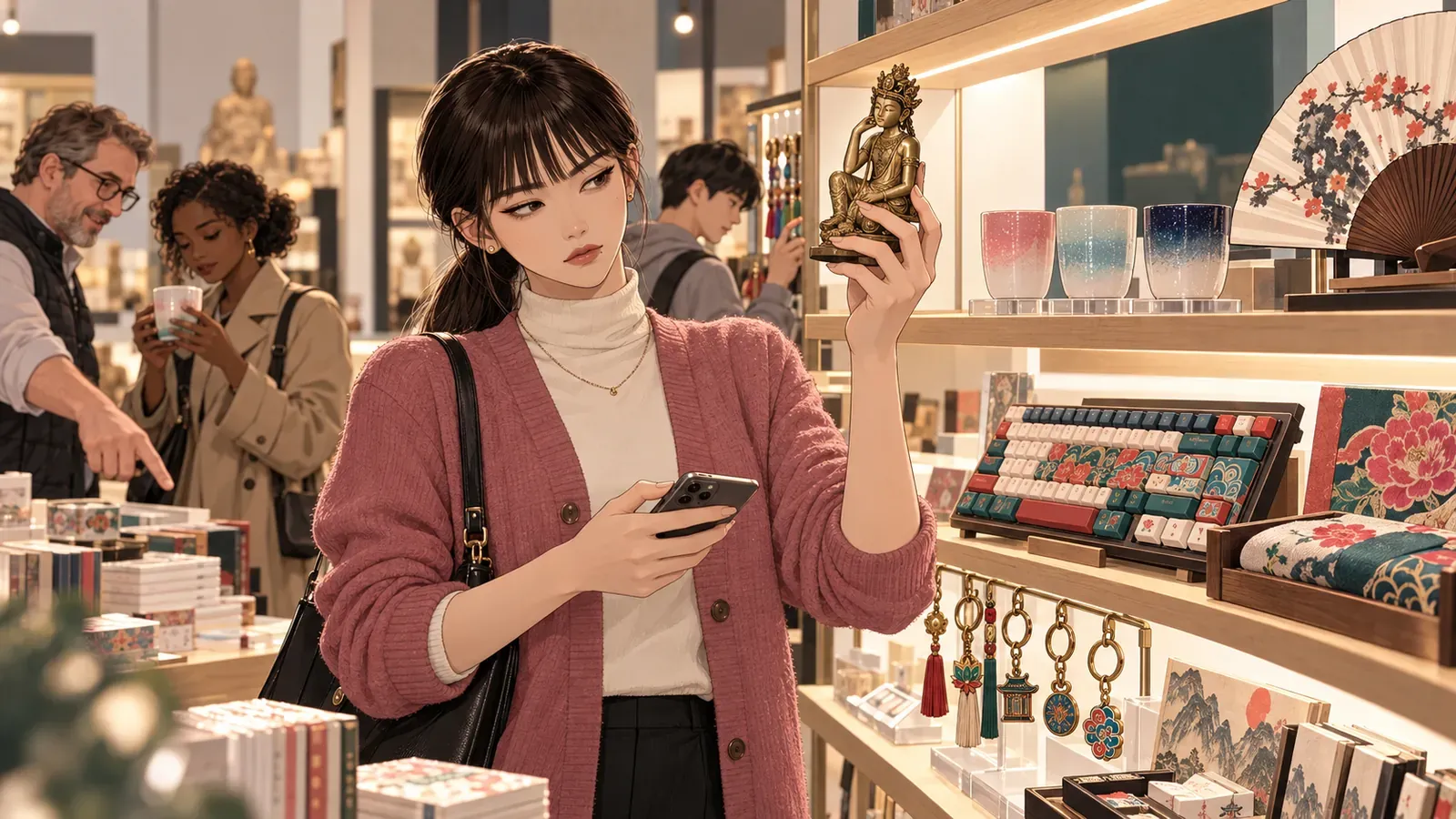 Yuna holds up a small gilded Pensive Bodhisattva miniature in a museum gift shop, with cups, a patterned keyboard, a folding fan and tasseled key rings on the shelves and shoppers behind her