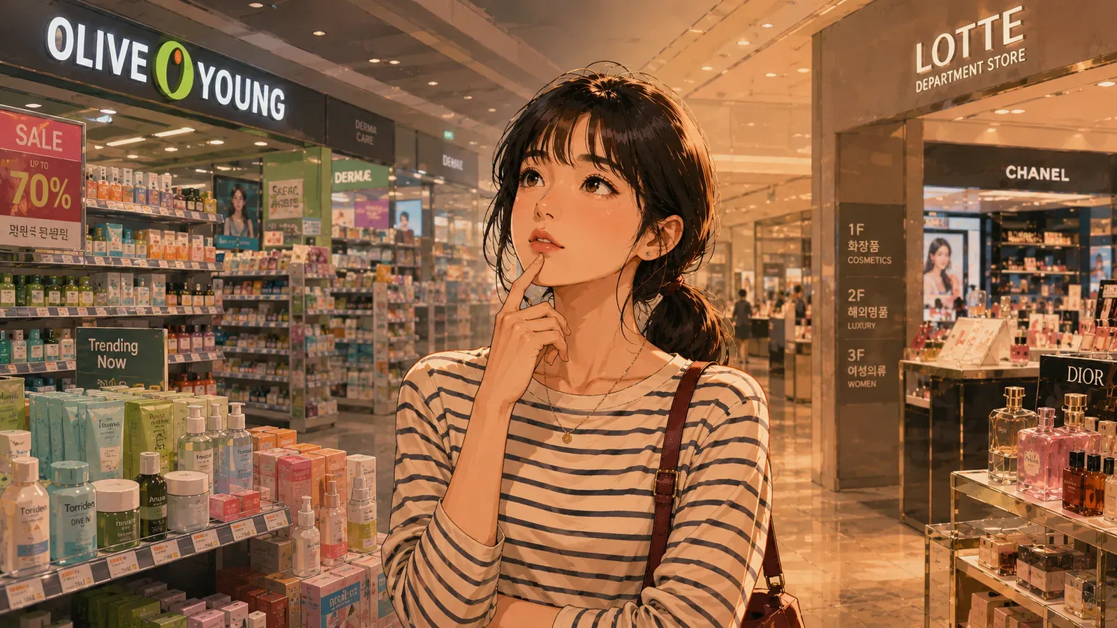 A shopper browses cosmetics between an Olive Young store and a department-store beauty floor in Seoul