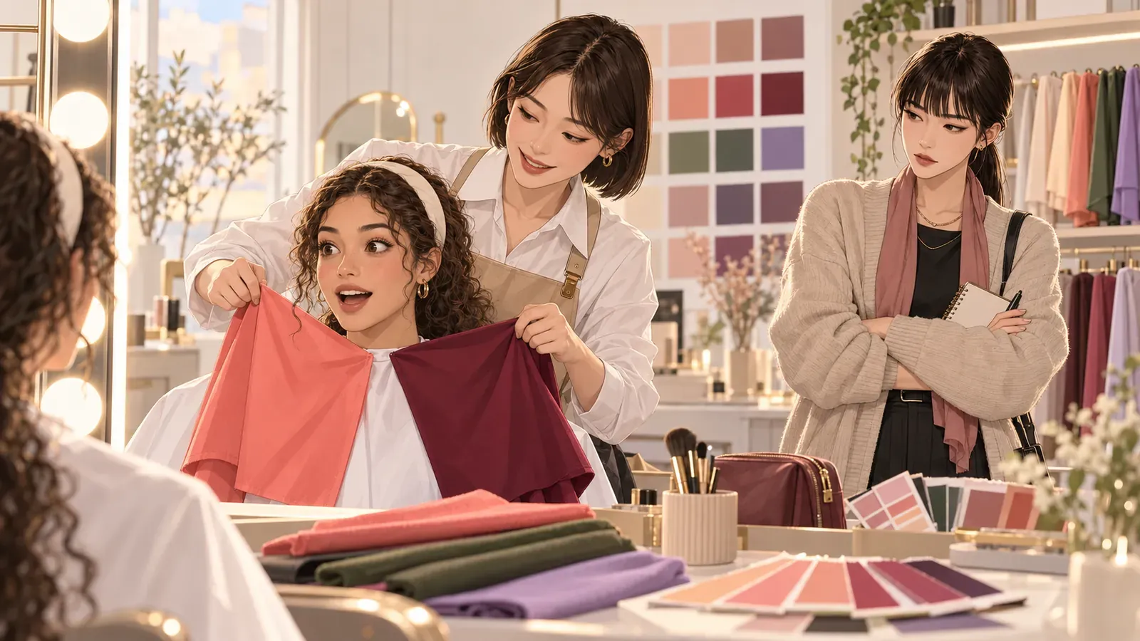 In a personal color studio, a consultant holds coral and burgundy fabrics in front of a surprised traveler in a white cape while Yuna watches with her arms crossed and a notebook in hand