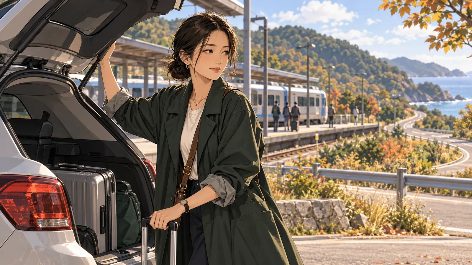 A traveler stands beside a rental car at a regional station, with a train platform and countryside road nearby