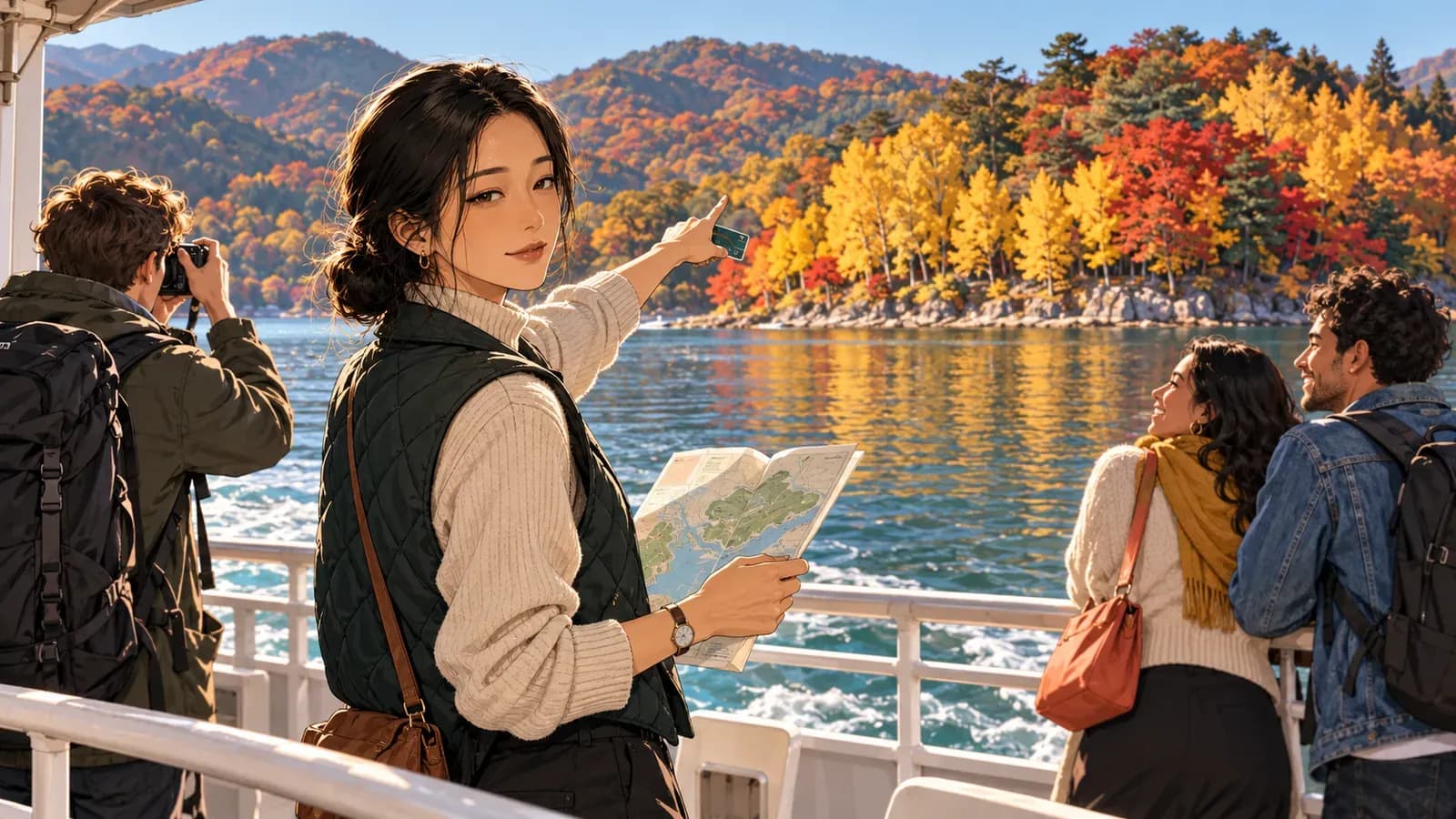 Soo points at an island of yellow and red autumn trees from a ferry deck, holding a folded map, while travellers lean on the railing and take photos.