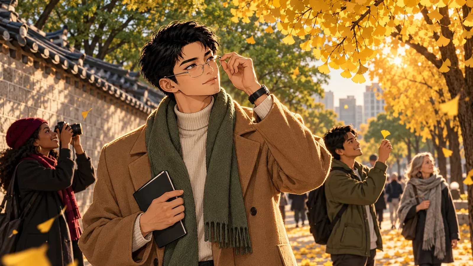 Jay, in a camel coat and green scarf, lifts his glasses to look up at golden ginkgo leaves beside an old palace wall while two travellers photograph and hold up leaves.