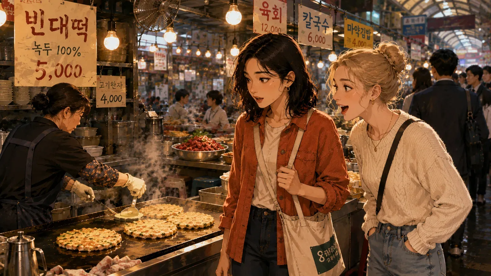 A bindaetteok griddle at Gwangjang Market