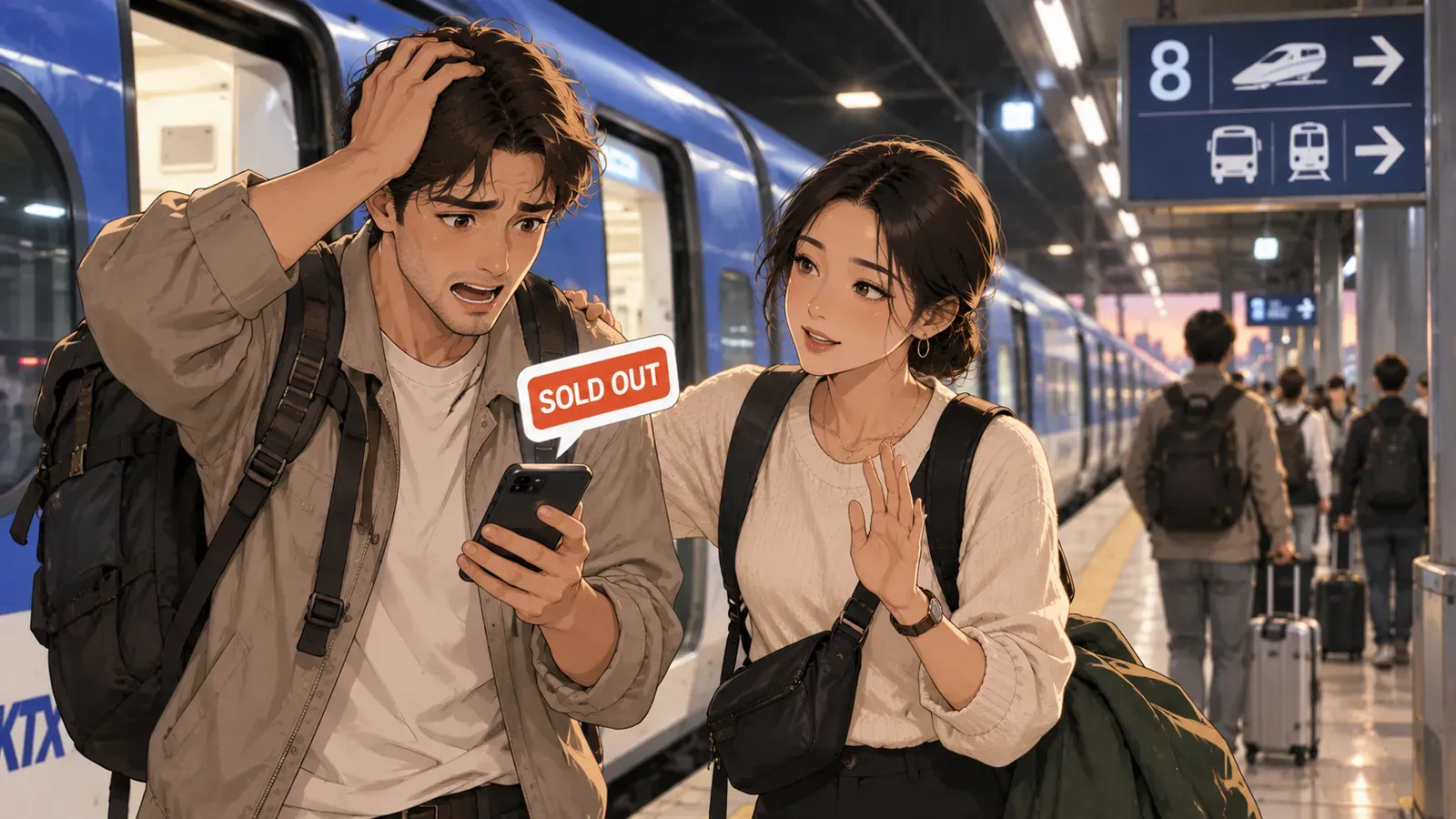 Two travelers look at a sold-out notice beside a train platform