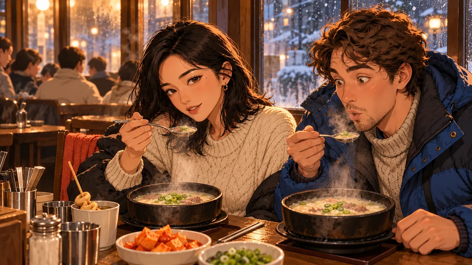 Mina and a startled traveller in a blue down jacket each lift a spoon over steaming bowls of milky soup in a restaurant with snow outside the window.
