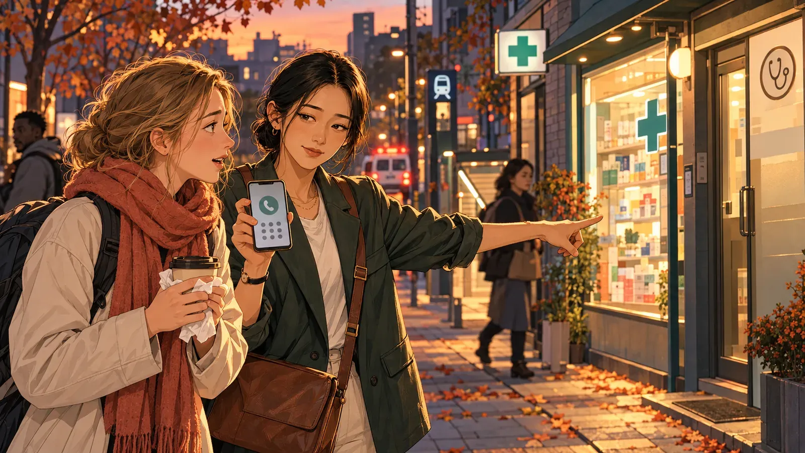 At dusk on a Seoul shopping street, Soo shows a phone keypad to a traveller in a red scarf who holds a coffee and a tissue, and points toward a lit pharmacy with a green cross sign.