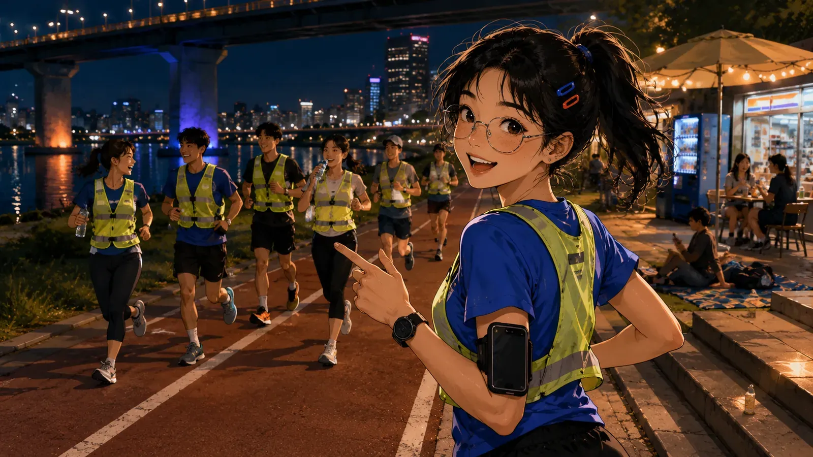 A running crew on a Han River path at dusk